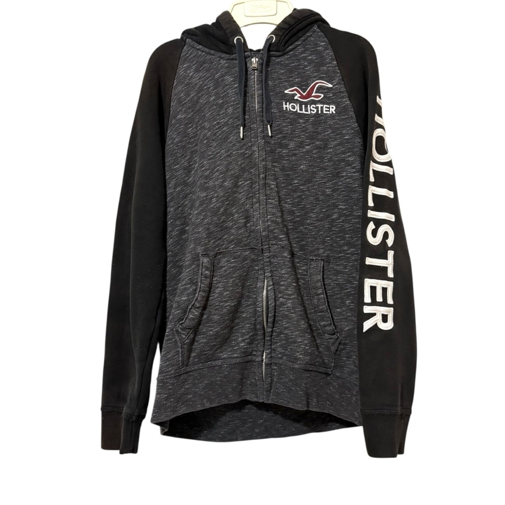Hollister Size‎ Large Black Gray Colorblock Full Zip Hoodie Retro Punk Grunge